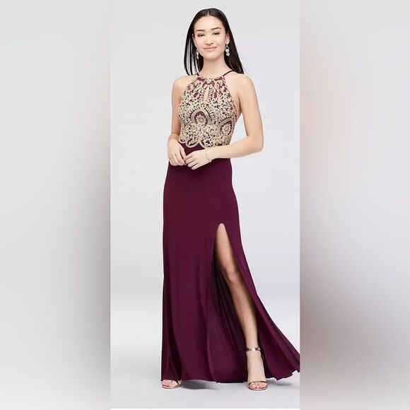 Blondie Nites Burgundy Formal Gown Beaded Halter Side Slit Open Back Dress - Picture 1 of 9